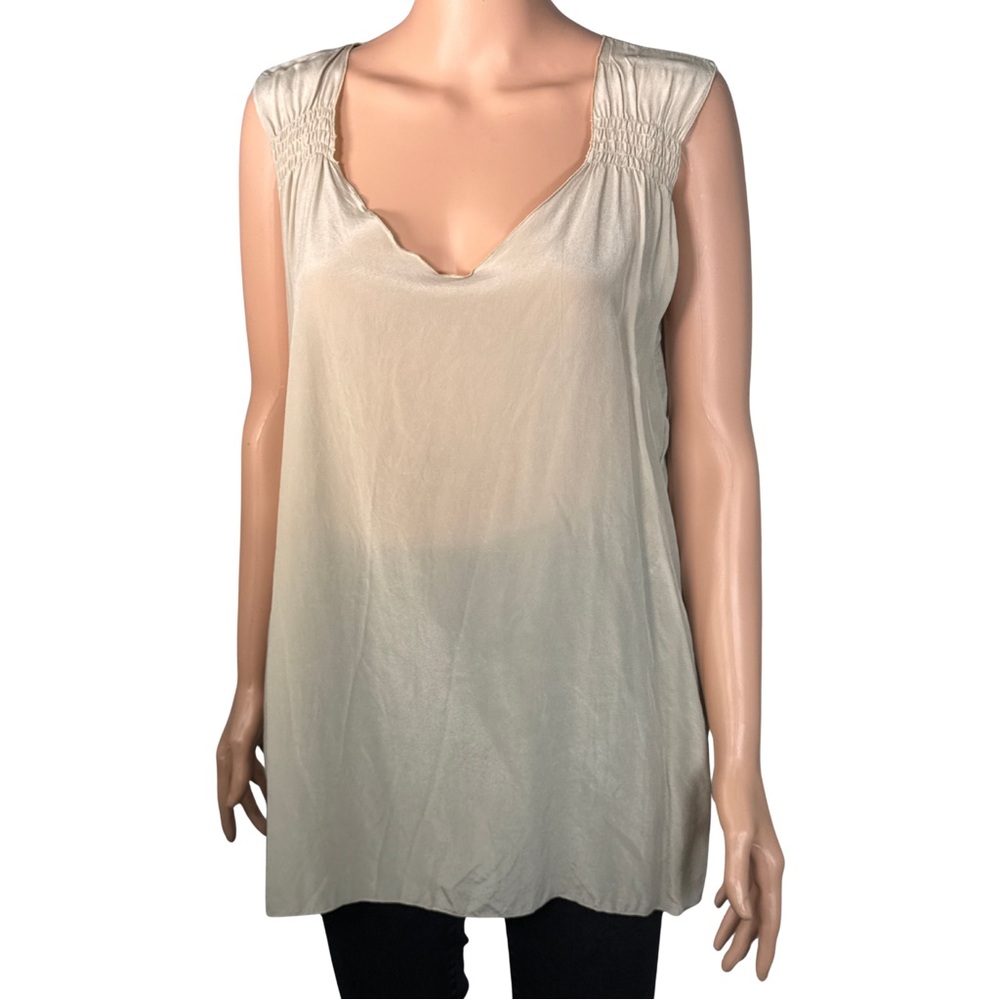 Johnny Was 4 Love and Liberty Beige Smocked V-Neck Tunic Top Size M